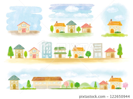 Set of 5 hand-drawn houses and streetscapes in watercolor style Set of 5 hand-drawn houses and streetscapes in watercolor style 122650944