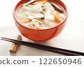 Miso-based pork soup in a red lacquerware bowl Miso-based pork soup in a red lacquerware bowl 122650946