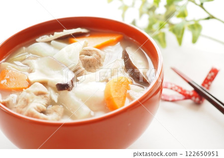 Miso-based pork soup in a red lacquerware bowl Miso-based pork soup in a red lacquerware bowl 122650951