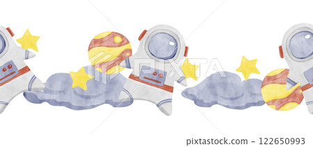 Watercolor Illustration Seamless Border with Astronaut, Blue Clouds, Yellow and Red Planets and Golden Stars, Ready to Use Template for Print, Web and Textile 122650993
