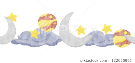 Watercolor Illustration Seamless Border with New Moon, Blue Clouds, Yellow and Red Planets and Golden Stars, Ready to Use Template for Print, Web and Textile 122650995