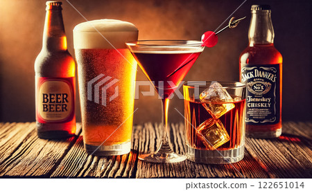 Three classic drinks are beautifully arranged on a rustic wooden table. A frosty amber beer, a Manhattan cocktail with a cherry garnish, and a whiskey on the rocks create a warm, inviting atmosphere. Three classic drinks are beautifully arranged on a rustic wooden table. A frosty amber beer, a Manhattan cocktail with a cherry garnish, and a whiskey on the rocks create a warm, inviting atmosphere. 122651014
