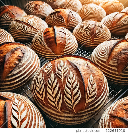 A collection of artisanal sourdough loaves cooling on racks, each with golden-brown crusts and beautifully detailed scoring patterns. The loaves feature designs such as leaves and swirls, showcasing 122651018