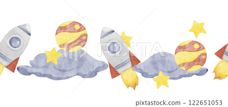Watercolor Illustration Seamless Border with Space Rocket, Blue Clouds, Yellow and Red Planets and Golden Stars, Ready to Use Template for Print, Web and Textile 122651053