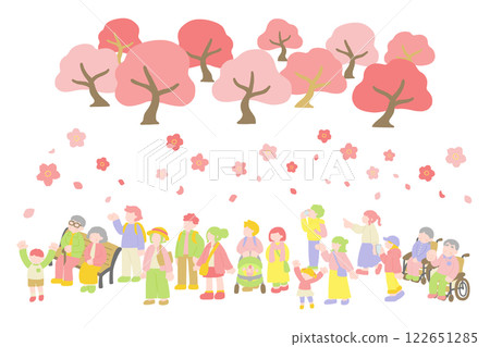不同世代的人並肩站在一起欣賞櫻花的平面插圖（組） 122651285