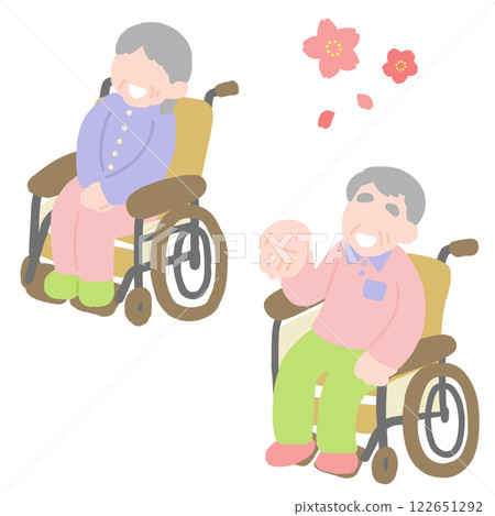 Flat illustration of senior men and women in wheelchairs enjoying cherry blossom viewing 122651292