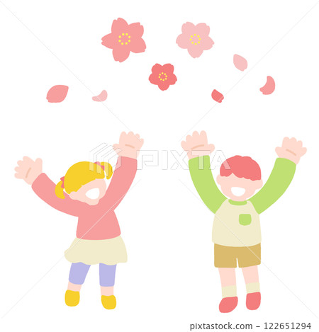 男孩和女孩欣賞櫻花的平面插圖 122651294