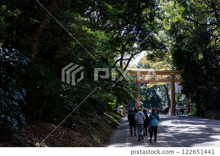 在樹林間灑下的陽光下漫步在神社參道上 122651441
