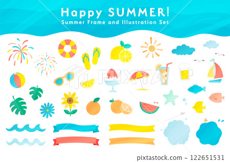 Textured illustrations and frames set for summer and the sea Decorations, ornaments, ribbons, summer vacation, watercolor style, waves Textured illustrations and frames set for summer and the sea Decorations, ornaments, ribbons, summer vacation, watercolor style, waves 122651531
