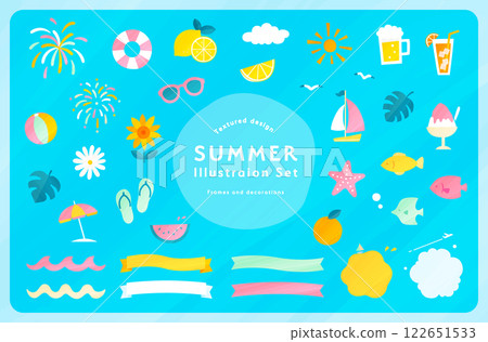 為夏季和大海設置的紋理插圖和框架裝飾、裝飾品、絲帶、暑假、水彩風格、波浪 122651533