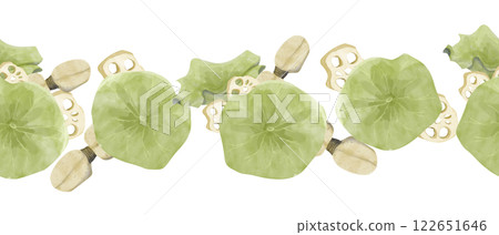 Watercolor Seamless Pattern Border with Leaves, Roots and Root Slices, Lotus Plant, for Print, Web and Textile Watercolor Seamless Pattern Border with Leaves, Roots and Root Slices, Lotus Plant, for Print, Web and Textile 122651646
