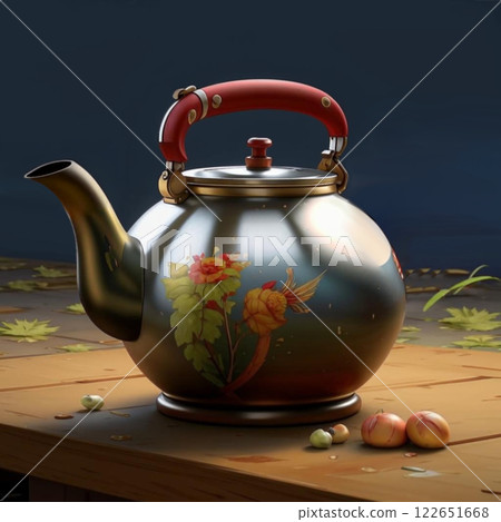 Teapot with red handle and floral design. 122651668