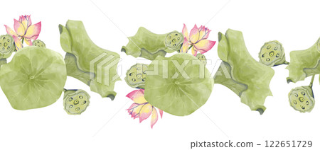 Watercolor Seamless Pattern Border with Leaves, Seed Pods and Flowers of Lotus Plant, for Print, Web and Textile 122651729