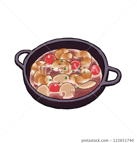 Illustration of shrimp, mushroom and cherry tomato ajillo 122651740