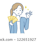 Illustration of a woman holding money and making an OK pose 122651927