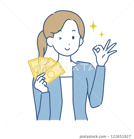 Illustration of a woman holding money and making an OK pose 122651927