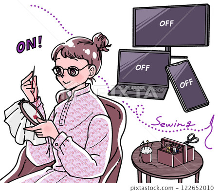 一位女士進行數位排毒和刺繡的插圖 122652010