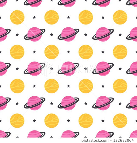 Seamless Pattern of Outer Space Exploration with Floating Astronaut and Planets in Cartoon Flat Design Illustration 122652064