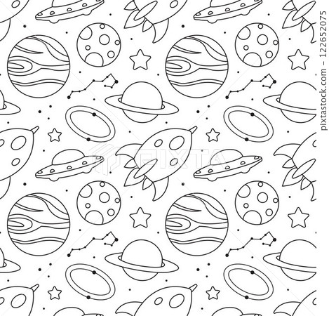 Seamless Pattern of Outer Space Exploration with Floating Astronaut and Planets in Cartoon Flat Design Illustration Seamless Pattern of Outer Space Exploration with Floating Astronaut and Planets in Cartoon Flat Design Illustration 122652075