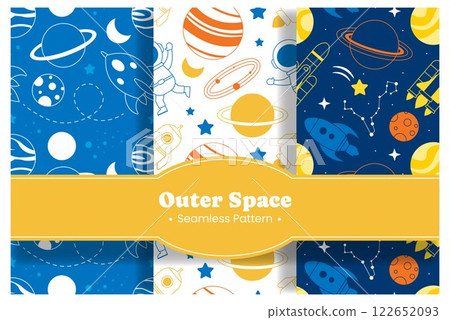 Seamless Pattern of Outer Space Exploration with Floating Astronaut and Planets in Cartoon Flat Design Illustration Seamless Pattern of Outer Space Exploration with Floating Astronaut and Planets in Cartoon Flat Design Illustration 122652093