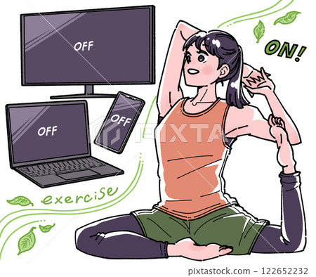 Illustration of a woman doing digital detox and yoga Illustration of a woman doing digital detox and yoga 122652232