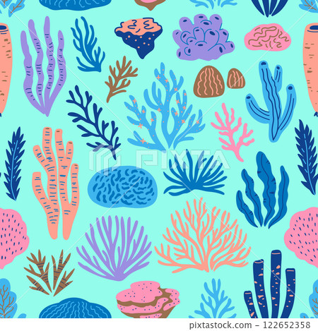 Seamless pattern with doodle corals and seaweeds. Hand-drawn cute cartoon  illustration. 122652358