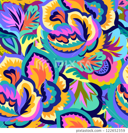 Colorful seamless pattern with chaotic floral and psychedelic abstract elements. Colorful seamless pattern with chaotic floral and psychedelic abstract elements. 122652359