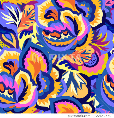 Colorful seamless pattern with chaotic floral and psychedelic abstract elements.  122652360