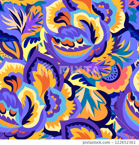 Colorful seamless pattern with chaotic floral and psychedelic abstract elements.  122652361
