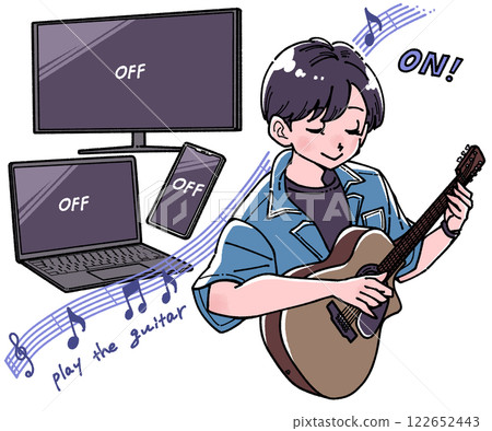Illustration of a man doing a digital detox and playing the guitar 122652443