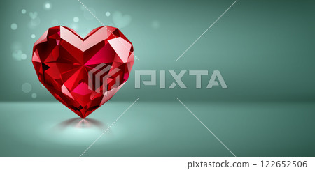 Red heart-shaped gemstone on light blue. 122652506