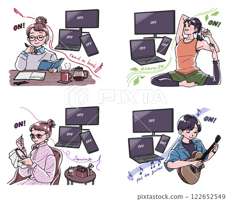 Illustration set of people who detox digitally and enjoy their hobbies and studies 122652549