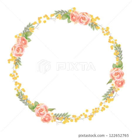Watercolor rose and mimosa flower circular wreath 122652765