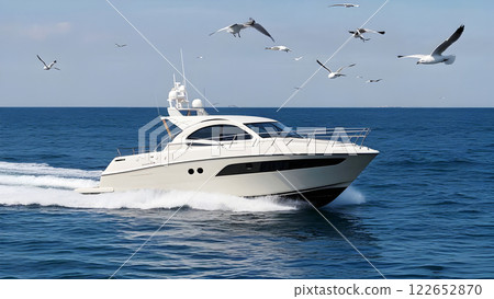 A sleek, modern yacht is cruising on the ocean, surrounded by seagulls. 122652870