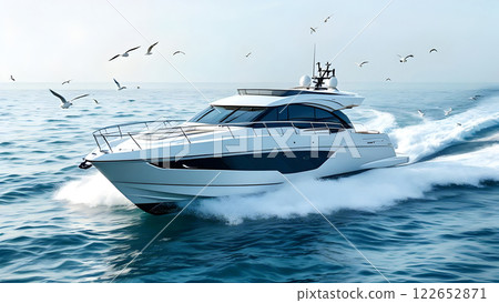 A sleek, modern yacht is cruising on the ocean, surrounded by seagulls. 122652871