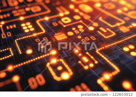 Glowing circuit board with digital patterns 122653012