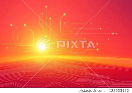 Futuristic digital sunrise with circuit patterns Futuristic digital sunrise with circuit patterns 122653123