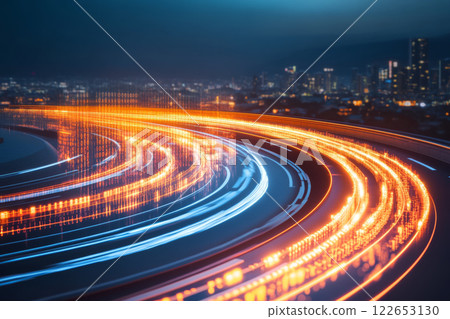 Dynamic cityscape with glowing light trails 122653130