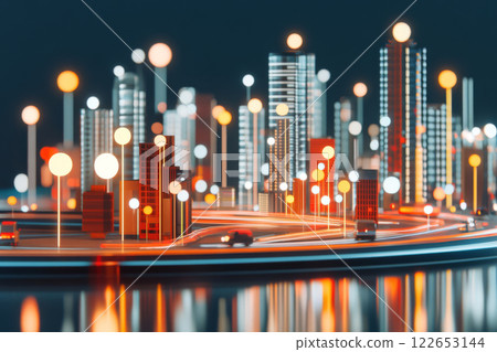 Futuristic cityscape with glowing lights and reflections 122653144