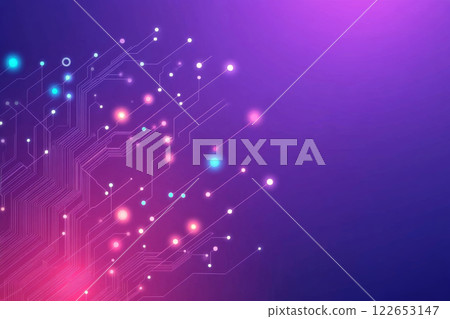 Abstract digital circuit with glowing lights on purple background 122653147