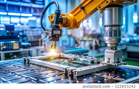 Artificial intelligence, robotic manipulators at work on the assembly line 122653242