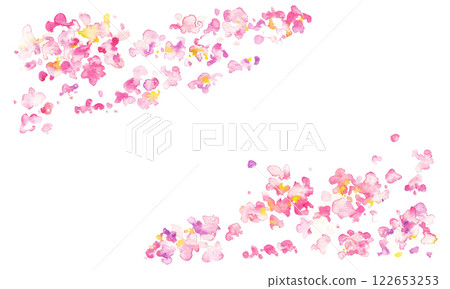 Watercolor painting. Watercolor cherry blossom petal background. Watercolor cherry blossom petals dancing in the wind. Spring cherry blossom background frame. 122653253