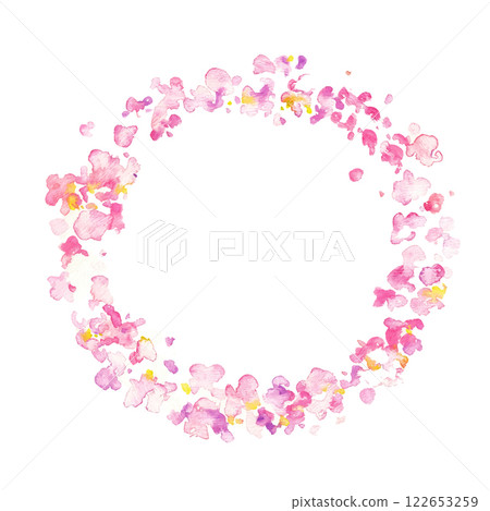 水彩畫。水彩櫻花花瓣背景。櫻花花瓣在風中飛舞的水彩畫。春天櫻花背景框架。 122653259