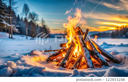 A bright burning bonfire on the background of a winter forest 122653286