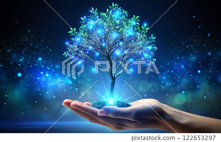 An open human palm holds a sparkling blossoming tree 122653297