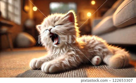 Fluffy kitten relaxing and yawning loudly Fluffy kitten relaxing and yawning loudly 122653307