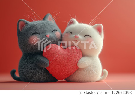 A pair of adorable fluffy kittens hold a big red heart in their hands 122653398