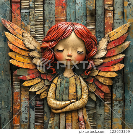 Wooden figurine of an angel in the form of a beautiful girl with multi-colored wings 122653399