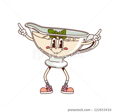 Cartoon groovy bechamel sauce character with funny face, vector comic emoji. Groovy bechamel sauce in creamer pitcher or jug bowl, retro cartoon character with happy smile and cool fingers gesture 122653410