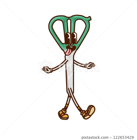 Cartoon groovy scissors school stationery character with a friendly expression, embodying creativity and fun. Isolated vector educational cutting tool personage conveying a sense of learning for kids 122653429